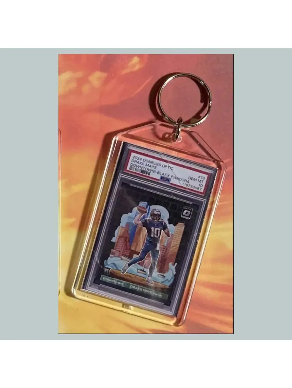 3713 Drake Maye 2024 Donruss Optic Downtown Black Pandora Custom Made Keychain